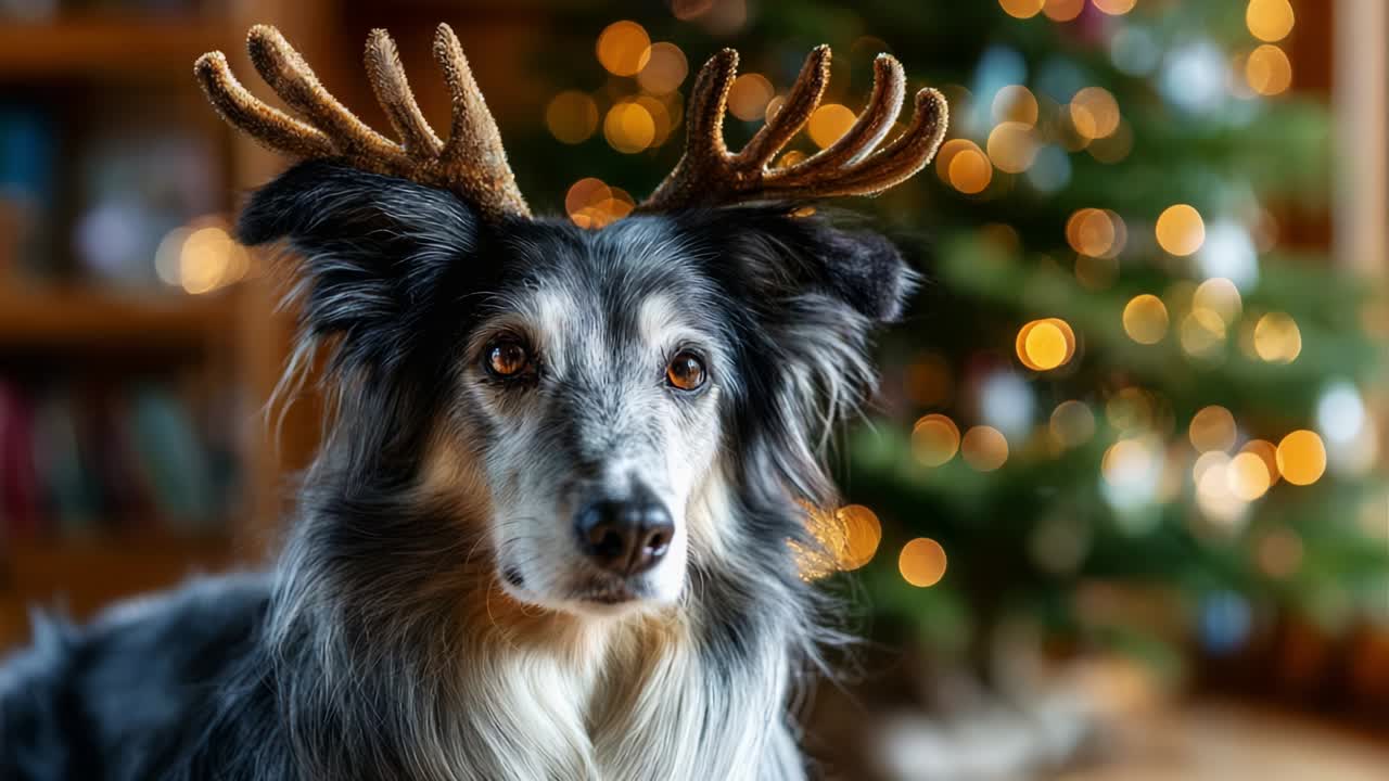 A festive dog dons a whimsical set of antlers, perfectly capturing the joyous spirit of the holiday season, as soft, glowing lights twinkle in the background, creating a cheerful and heartwarming atmosphere