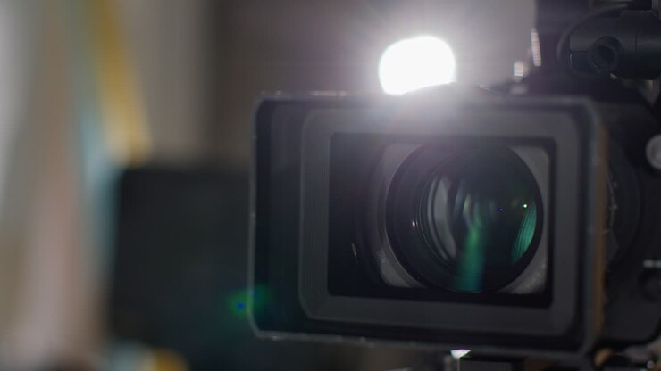 Close Up Of Film Or Video Camera On Tripod Shooting Movie Or Video In Studio 2