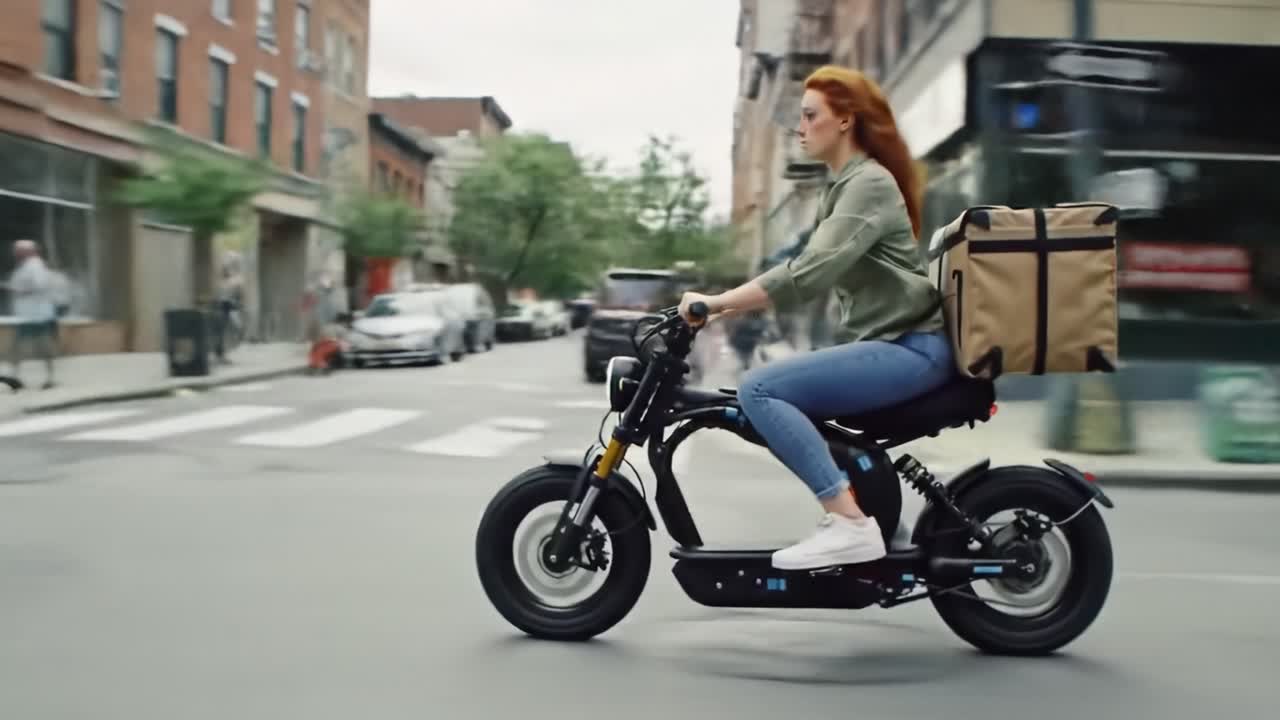 A woman with red hair is riding an electric scooter through a bustling urban street. She carries a large delivery bag on her back while navigating pedestrians and parked vehicles.