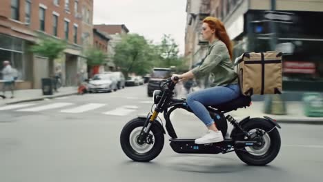 a woman with red hair is riding an electric scooter through a bustling urban street. she carries a large delivery bag on her back while navigating pedestrians and parked vehicles.