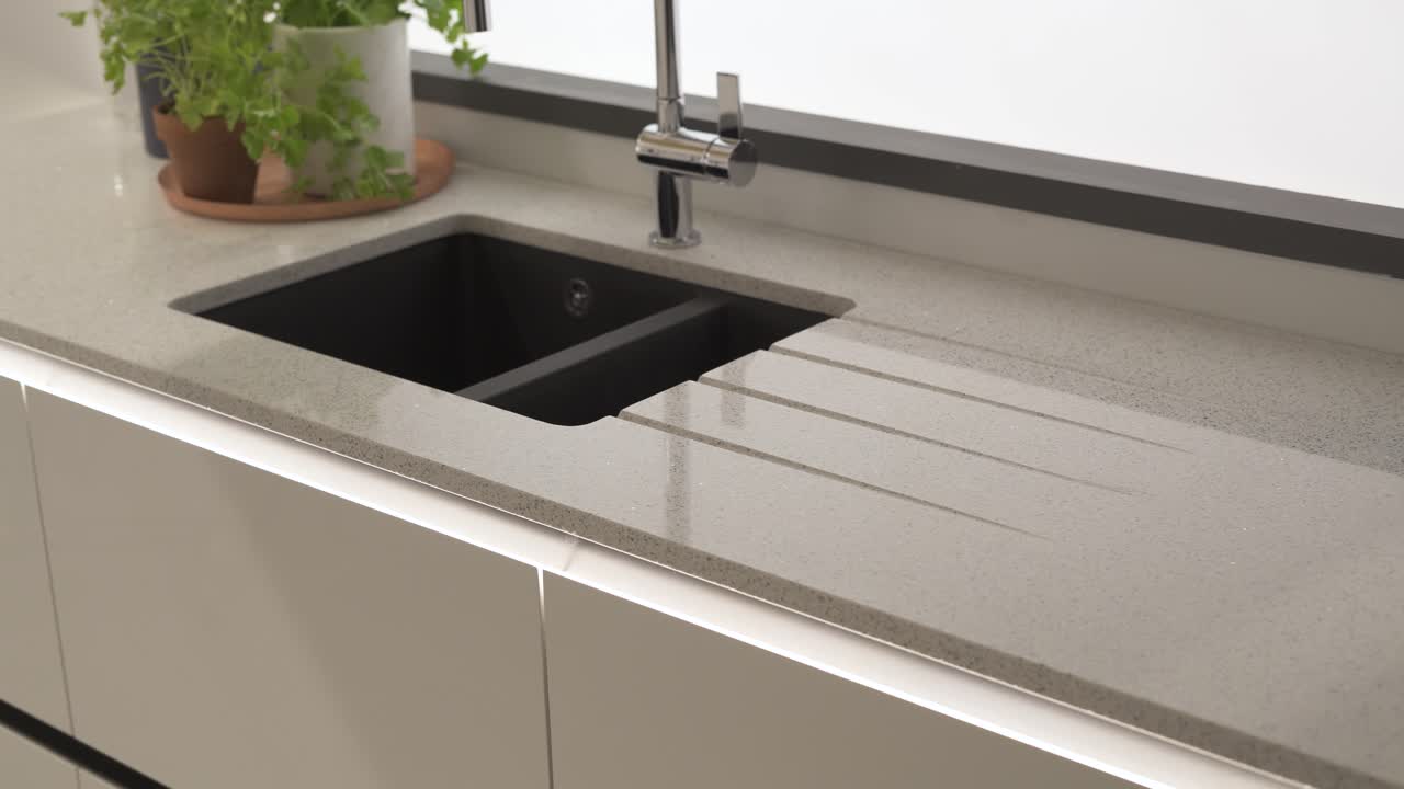 Meja dapur kuarsa abu-abu ramping dengan wastafel modern terintegrasi, menampilkan permukaan halus, tidak berpori, dan desain minimalis.