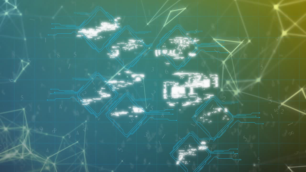 다중 디지털 아이콘의 애니메이션 및 녹색 그라디언트 배경에 대한 연결 네트워크