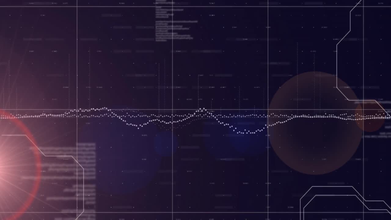 animación de gráficos sobre círculos y lenguaje informático con números cambiantes en fondo negro