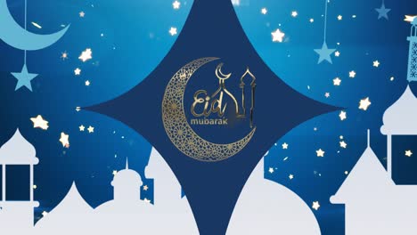 Animation-of-eid-mubarak-text-with-mosque-and-crescent-over-blue-glowing-background