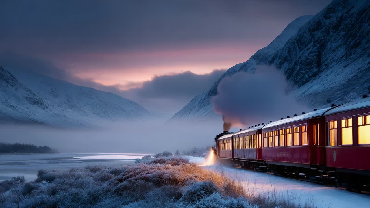 A mesmerizing winter scene capturing a steam train traversing through a snow-covered landscape at dusk, with the snow-capped mountains and a beautiful river reflecting the twilight sky
