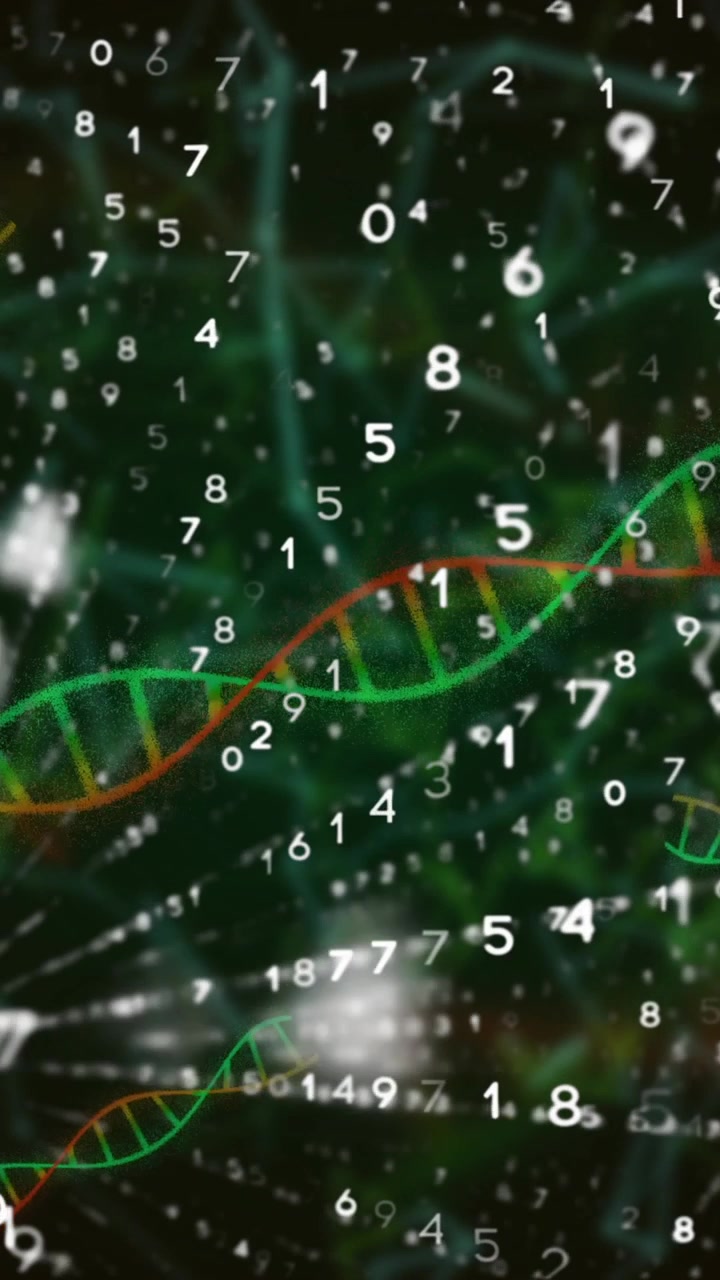 DNA strands and numbers intertwining in complex scientific data animation