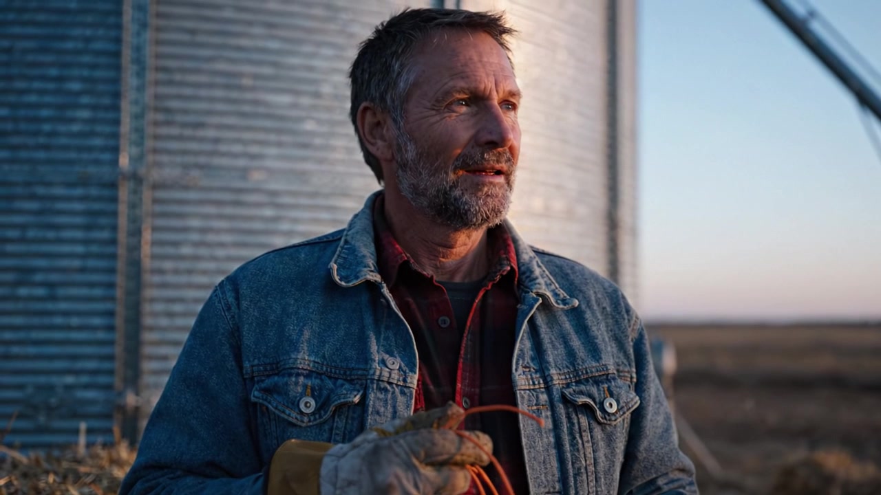 A farmer stands beside a grain silo at sunset, holding wires with a thoughtful expression; it captures the essence of rural life and agricultural resilience.