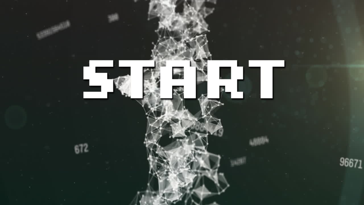 검은 바탕에 여러 번 변하는 번호와 연결 네트워크를 통해 텍스트를 시작합니다.