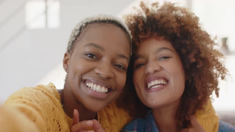 Portrait-of-happy-diverse-female-lesbian-couple-having-video-call-in-living-room-in-slow-motion