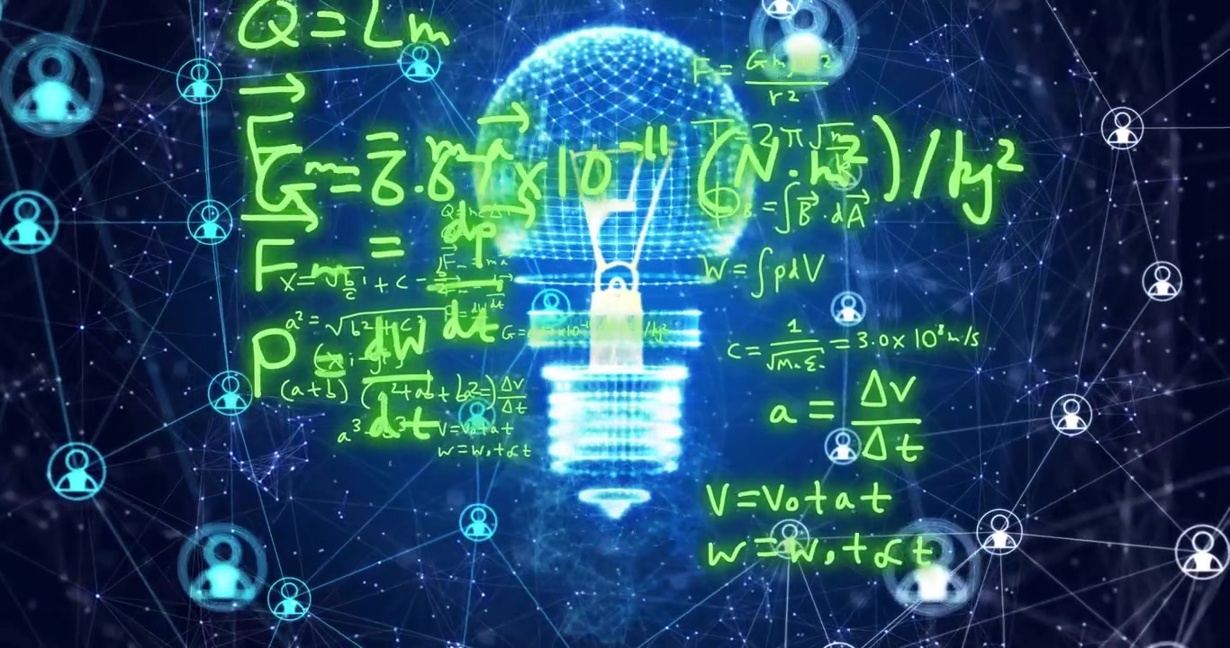 Animation of mathematical equations and icons over light bulb and networks