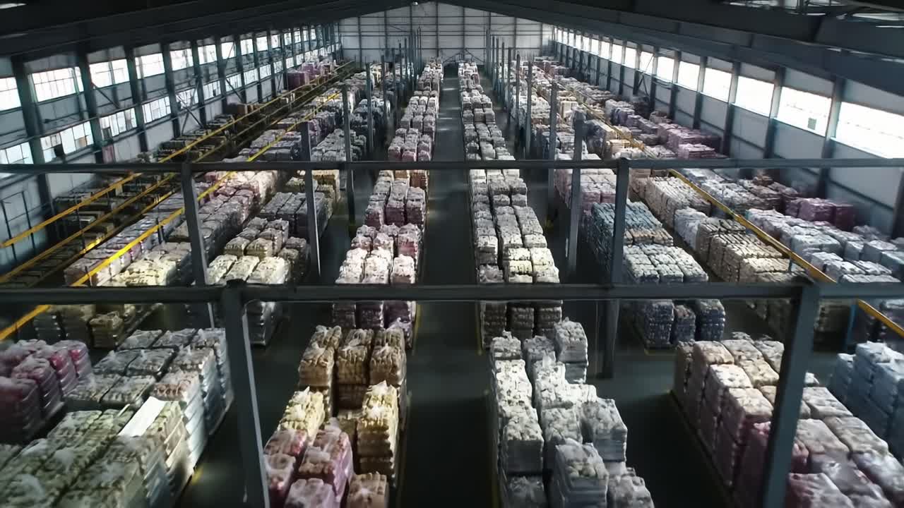 Luftaufnahme eines großen Lagers, gefüllt mit gestapelten Waren: Ein Einblick in effiziente Lagerlösungen und Bestandsmanagement in der modernen Logistik.