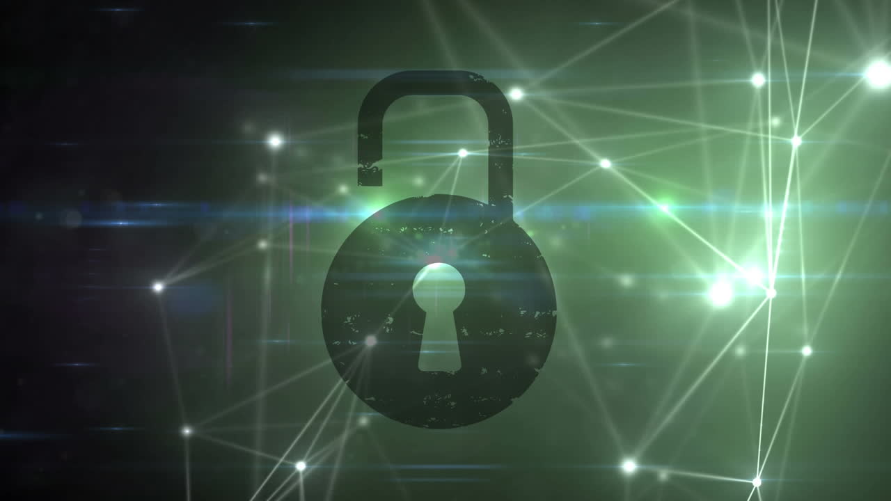 animación digital de una red brillante de conexiones sobre el icono de candado de seguridad sobre fondo negro