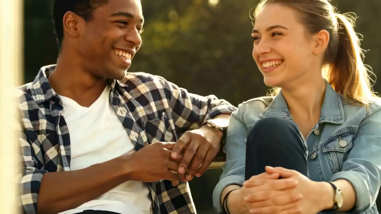 Starting conversation, man and woman in casual clothes sharing intimate laugh on park bench, watch