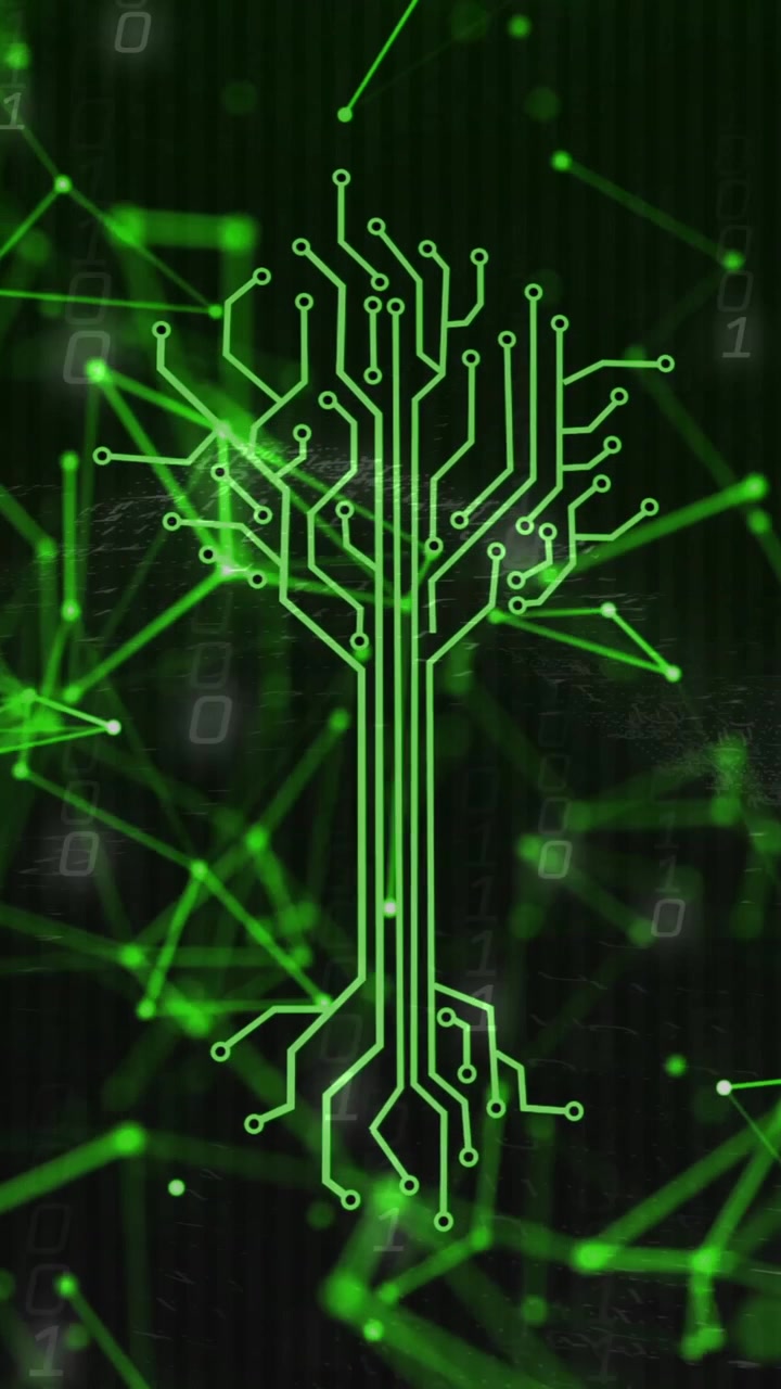 Animation of circuit tree with green digital network connections in background