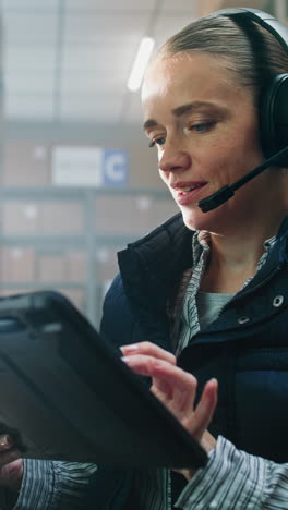 trabajador de almacén que utiliza tableta y auriculares