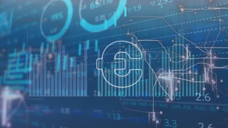 Animation-Des-Euro-Symbols,-Navigationsmuster,-Mehrerer-Diagramme-Und-Handelstafel-Auf-Blauem-Hintergrund