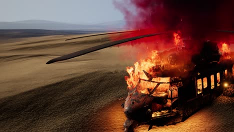 Helicóptero-Militar-Quemado-En-El-Desierto-Al-Atardecer