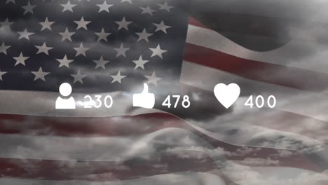 animation of social media icons with numbers over clouds with flag of usa