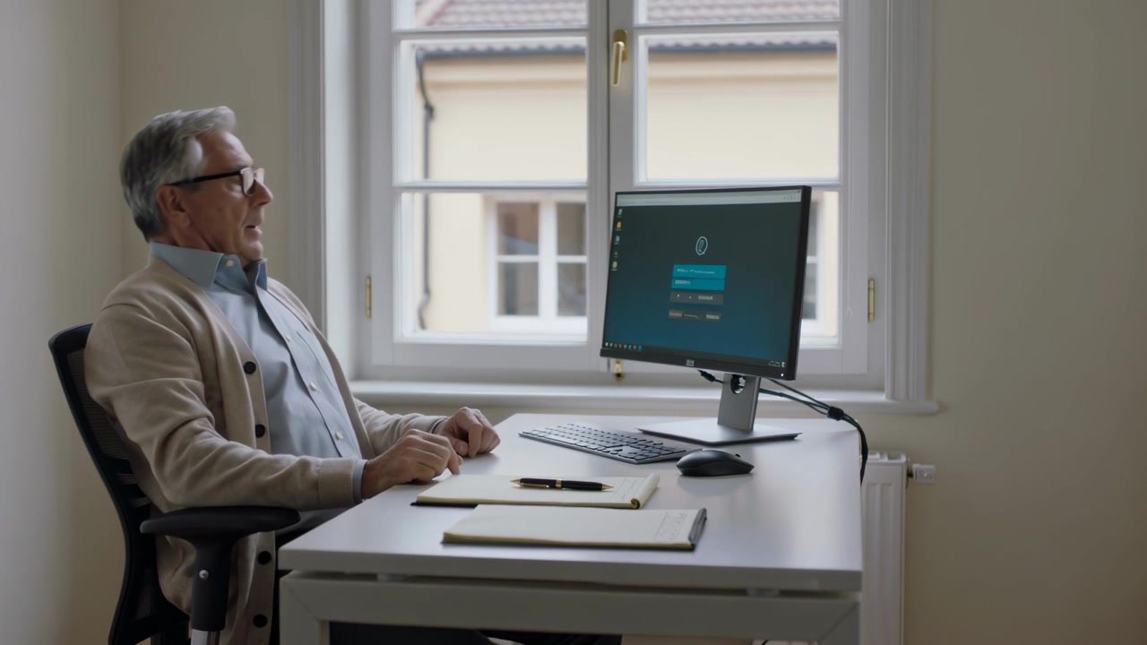 Login che appare sul monitor, un uomo anziano a casa, con un maglione, clicca il mouse e finisce il lavoro con un blocco note.
