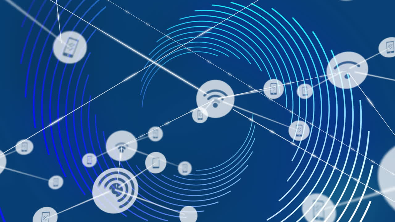 animación de red de dispositivos conectados y transferencia de datos sobre fondo azul
