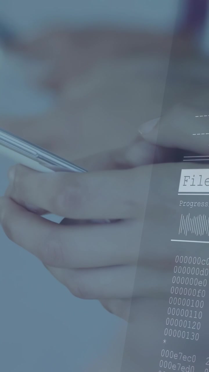 Adult hands holding phone, thumb tapping, starting data HUD updating progress, managing files