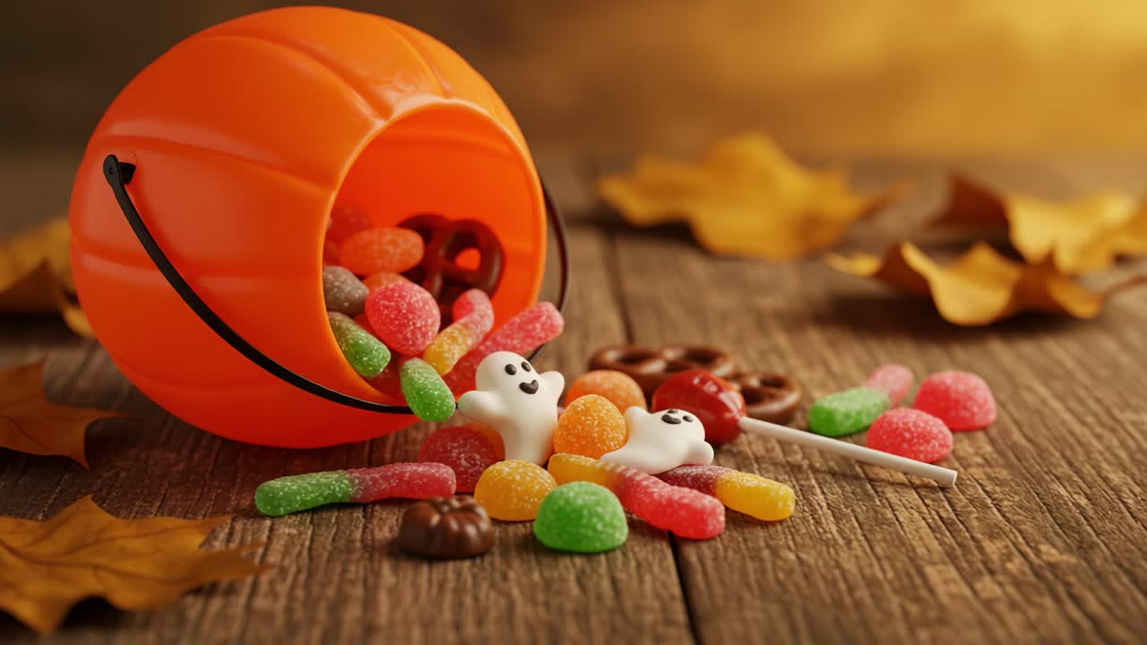 A Festive Display of Colorful Halloween Candy in a Classic Orange Pumpkin Bucket Surrounded by Autumn Leaves on a Rustic Wooden Surface