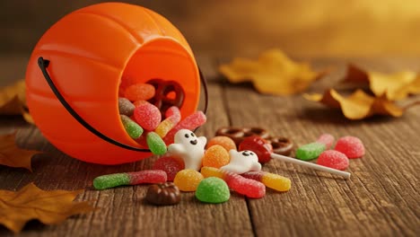 a festive display of colorful halloween candy in a classic orange pumpkin bucket surrounded by autumn leaves on a rustic wooden surface