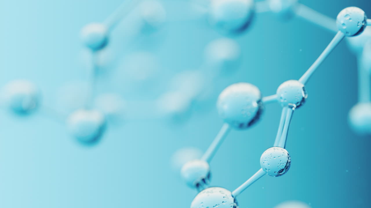 파란색 배경의 화학 분자, 3d 렌더링