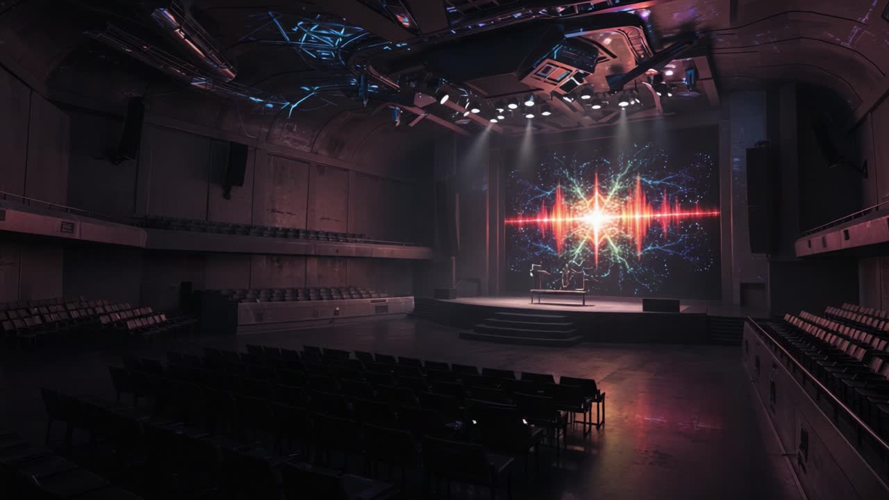 A Stunning Visual Display in an Empty Auditorium Featuring a Center Stage with Dynamic Sound Visualization Graphics Illuminating the Audience Area