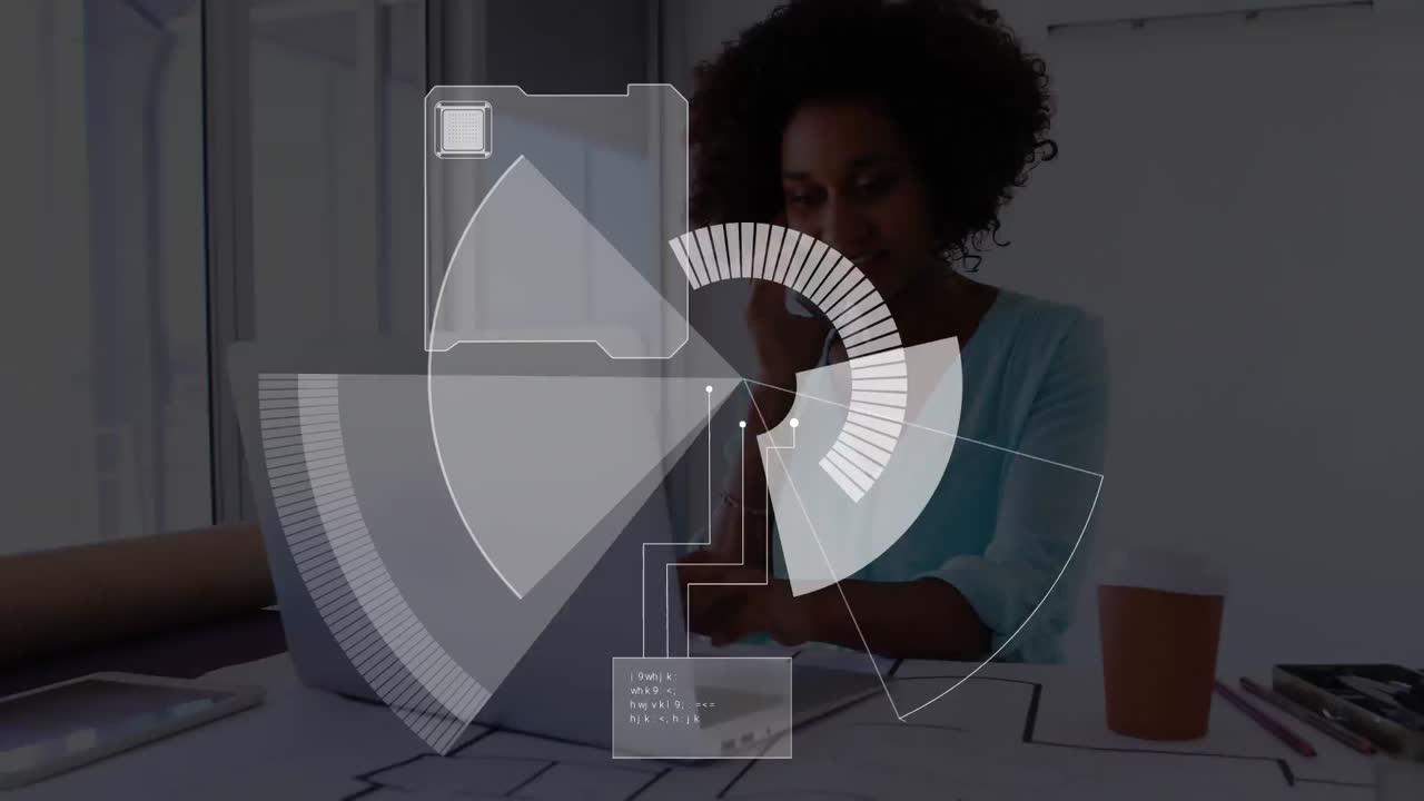 animación de radar sobre una mujer de negocios afroamericana en la oficina