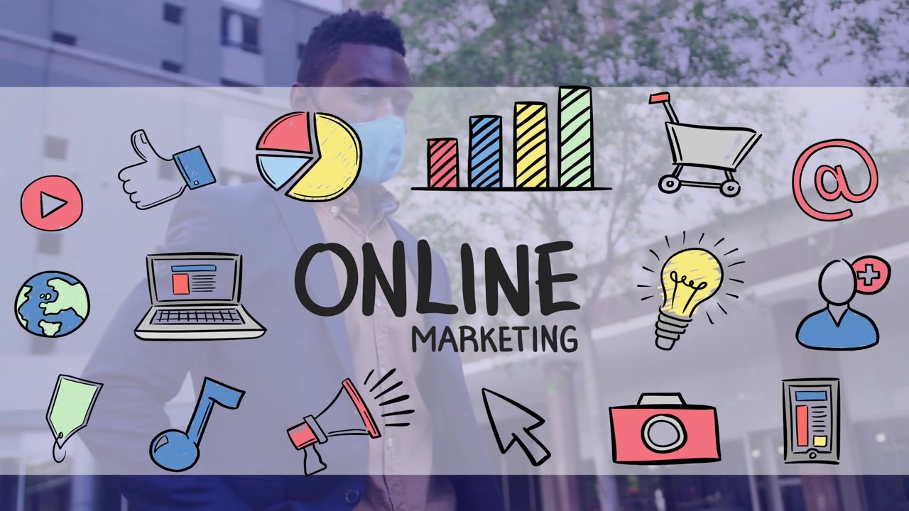 Animation of online marketing and icons over african american businessman in face mask