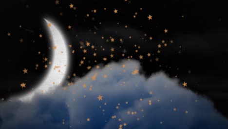 animation of christmas stars falling over night background with moon