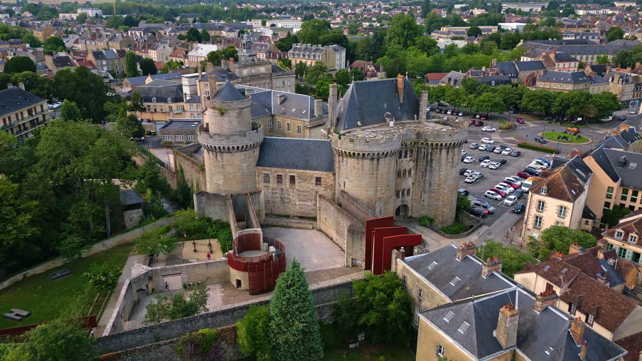 Approaching aerial movement to the entrance side at the castle of the Dukes of Alencon, Alencon, Orne, France