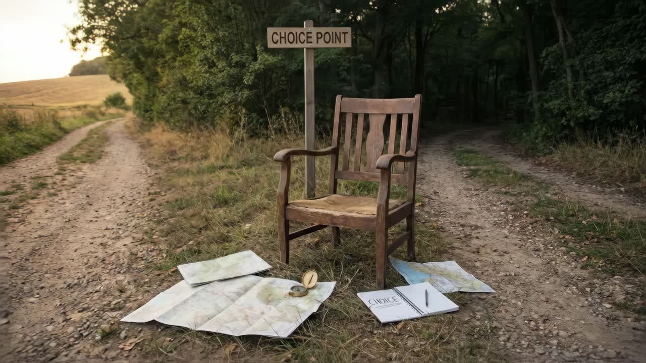 Symbolic Choice Point Sign with Maps and Compass on a Rural Path