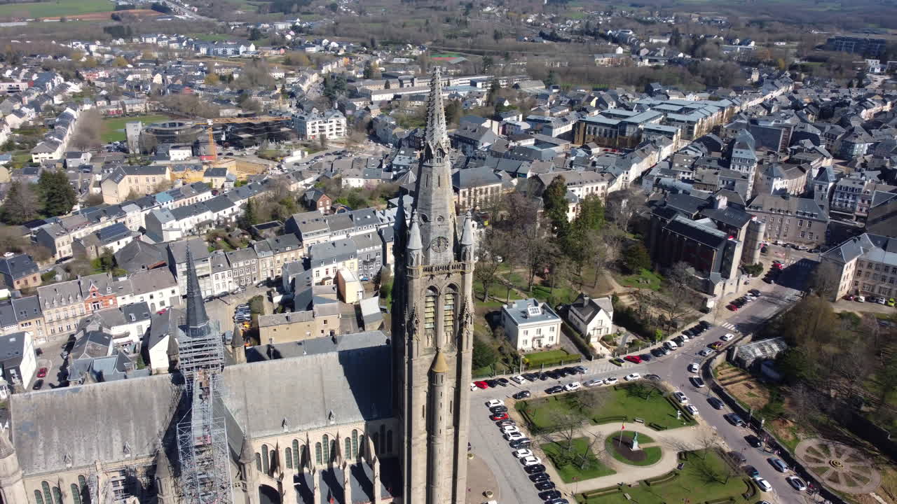 Aerial view of a European city center with a cathedral