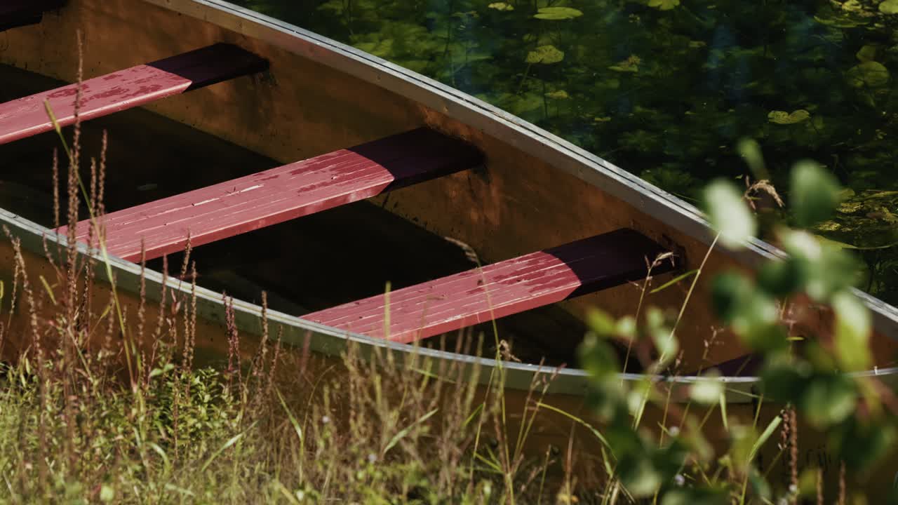 Close-up of a small wooden boat with red seats resting in shallow green water near the shore, surrounded by tall grass and aquatic plants under warm sunlight