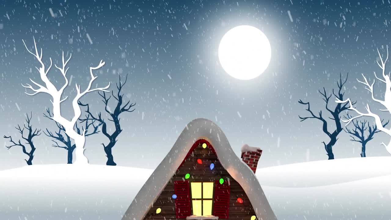 animación de la caída de nieve y la casa sobre el paisaje de invierno