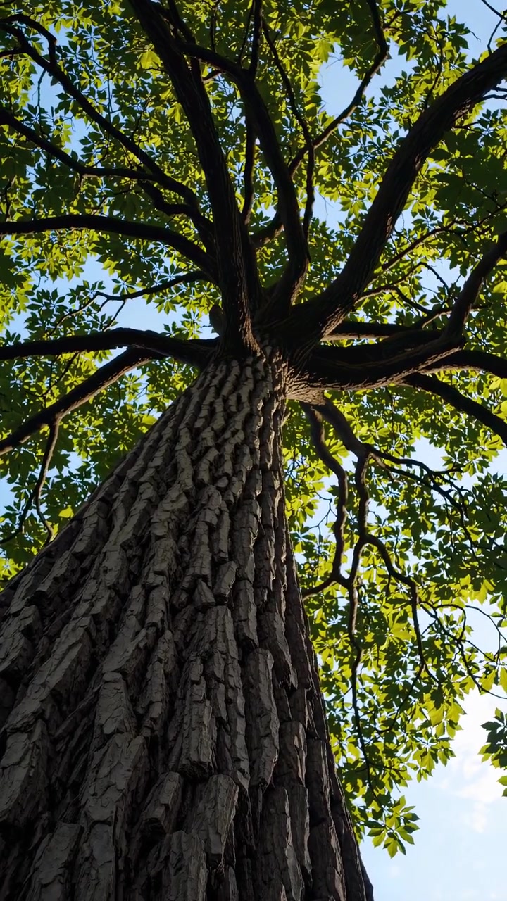 Vista en ángulo contrapicado de un árbol grande contra un cielo azul despejado