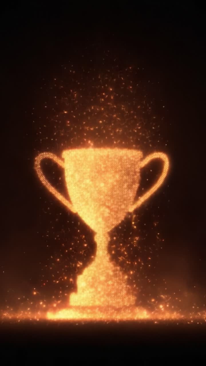 Un trofeo scintillante, pieno di particelle luccicanti, emana radiosità, simboleggiando trionfo e successo in un bagliore cosmico di realizzazione.