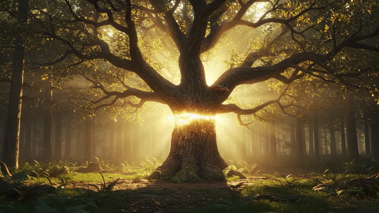 A Majestic Tree Illuminated by Golden Light in a Serene Forest, Creating a Magical Atmosphere with Nature's Beauty and Vibrant Greenery Surrounded by Soft Mist