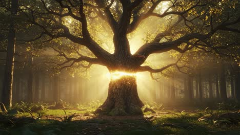 a majestic tree illuminated by golden light in a serene forest, creating a magical atmosphere with nature's beauty and vibrant greenery surrounded by soft mist