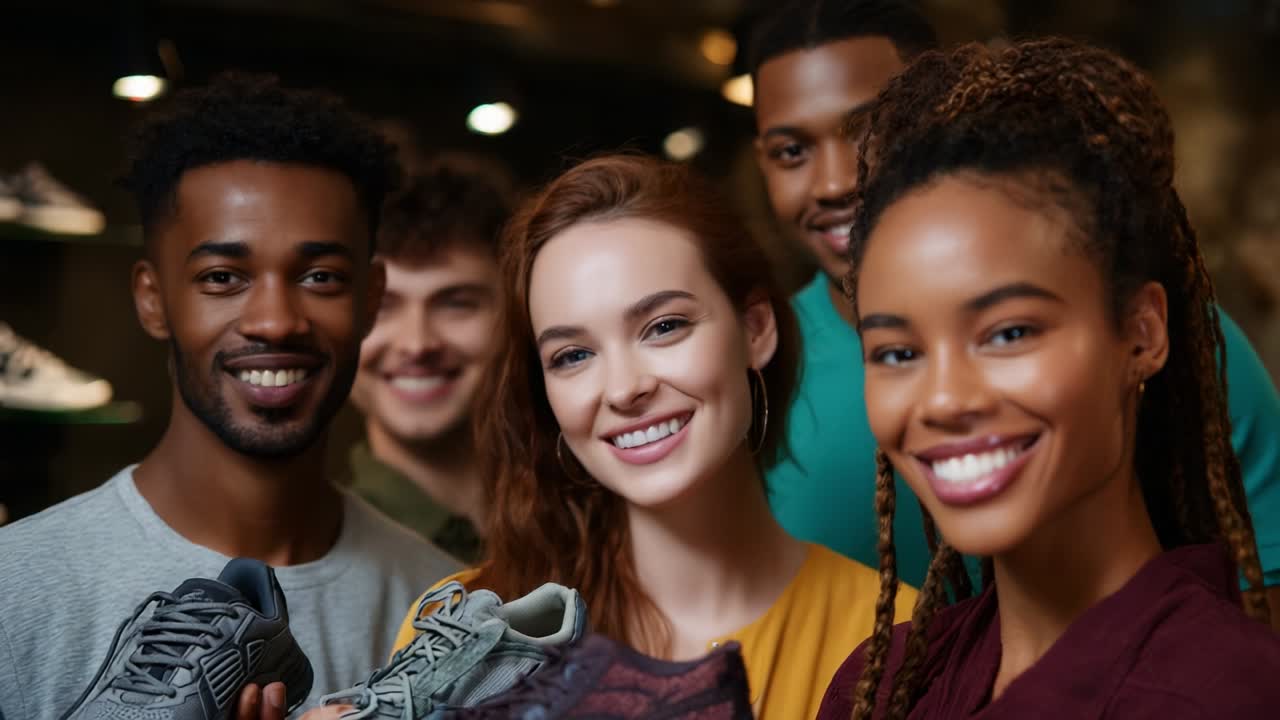 A Friendly Group Showcases Stylish Athletic Footwear in a Vibrant Store Setting, Highlighting Their Joy and Connection While Promoting a Passion for Fashion and Fitness Through Quality Shoes