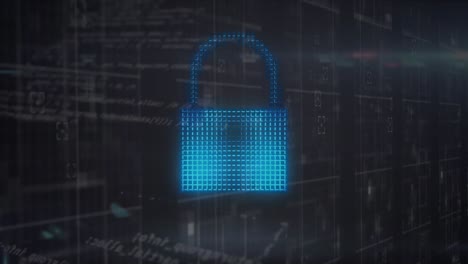 Animation-of-security-padlock,-shield-and-cloud-icon-and-against-black-background