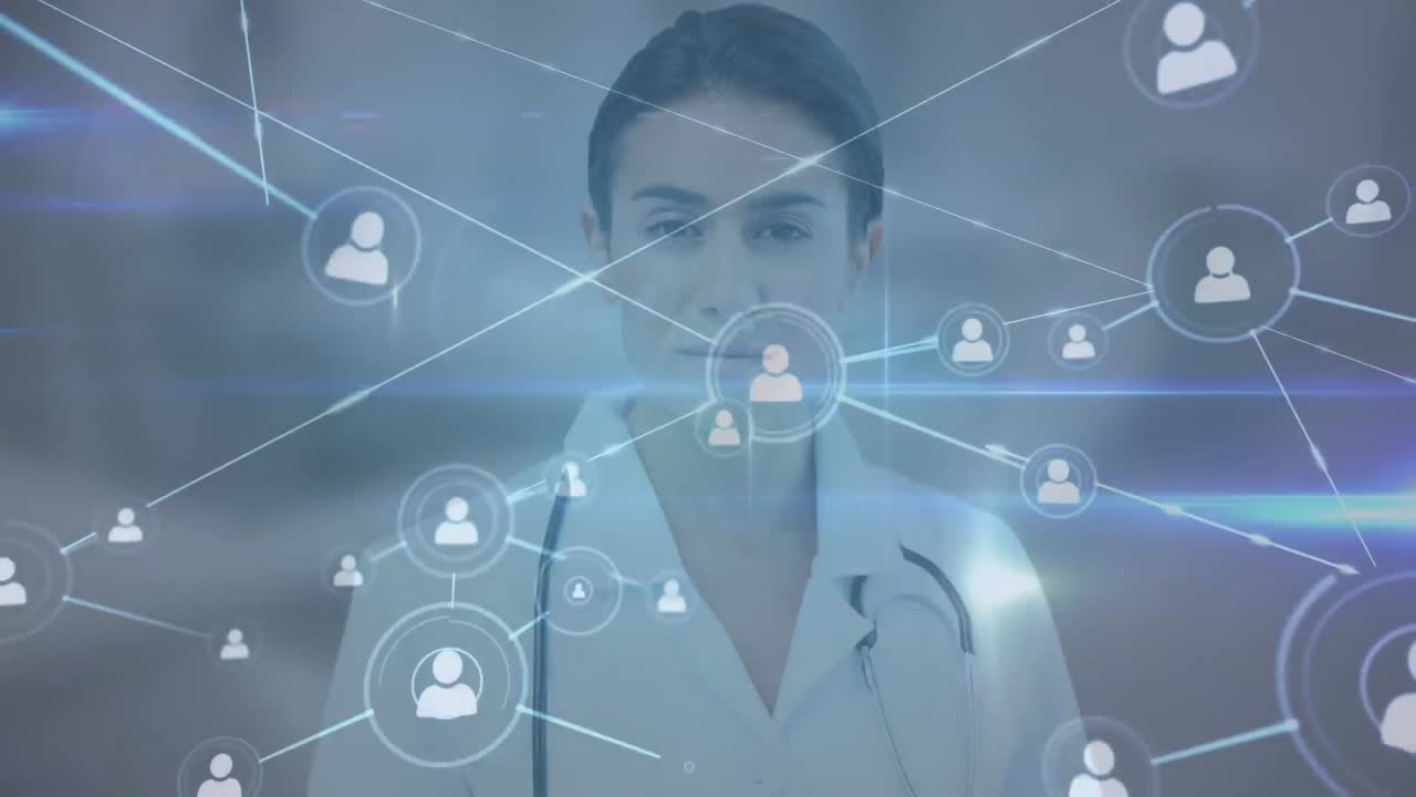 animación de personas conectadas iconos y destello de la lente sobre el retrato de una doctora caucásica