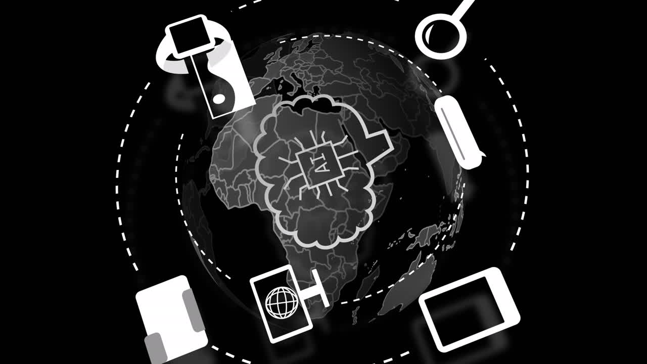 animación del procesamiento de datos y los iconos sobre el globo y el fondo oscuro