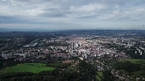 drone shot overview of saint etienne from le parc du pilat, loire, rhone alpes, france