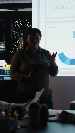 vertical video multiethnic team of workers discuss the financial situation of the company