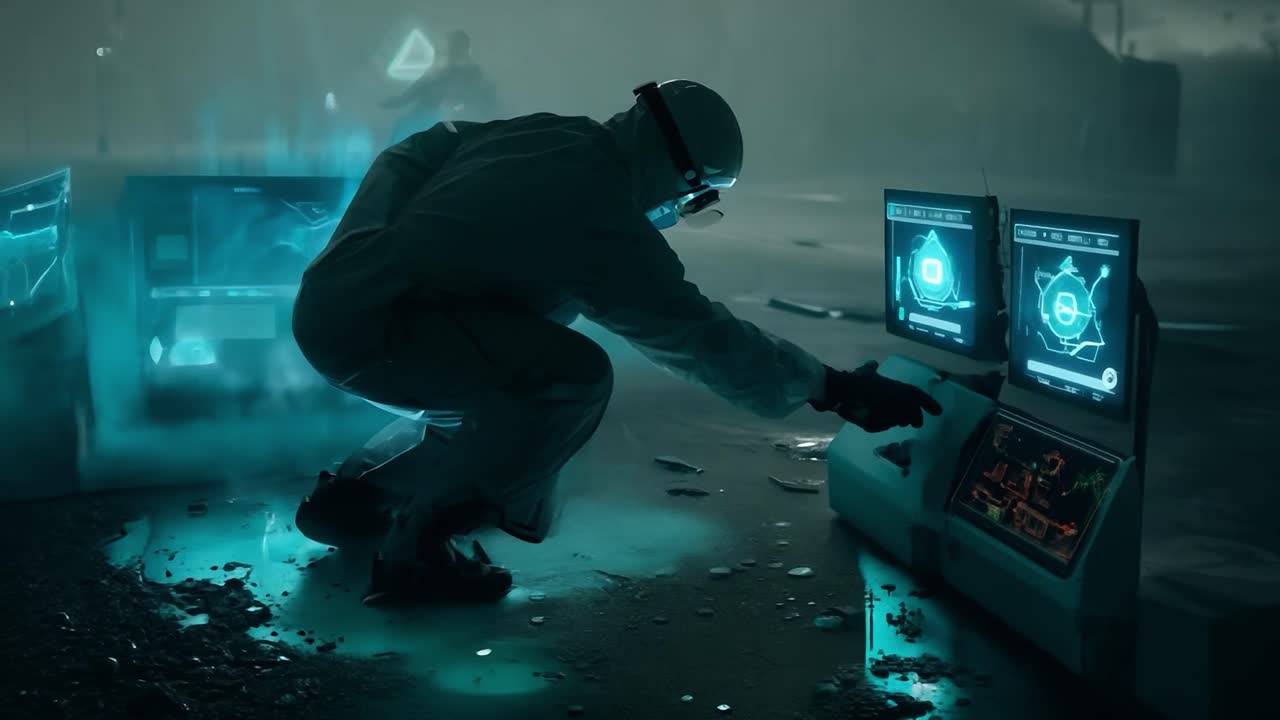 un científico en un traje de materiales peligrosos trabajando en un laboratorio futurista