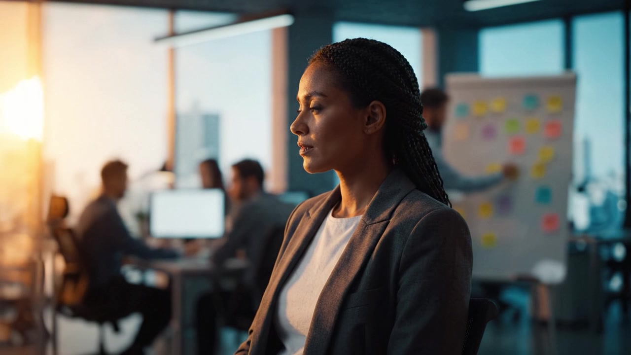 Contemplative businesswoman in a vibrant office, intently observing her surroundings during a productive workday filled with collaboration and innovative ideas.