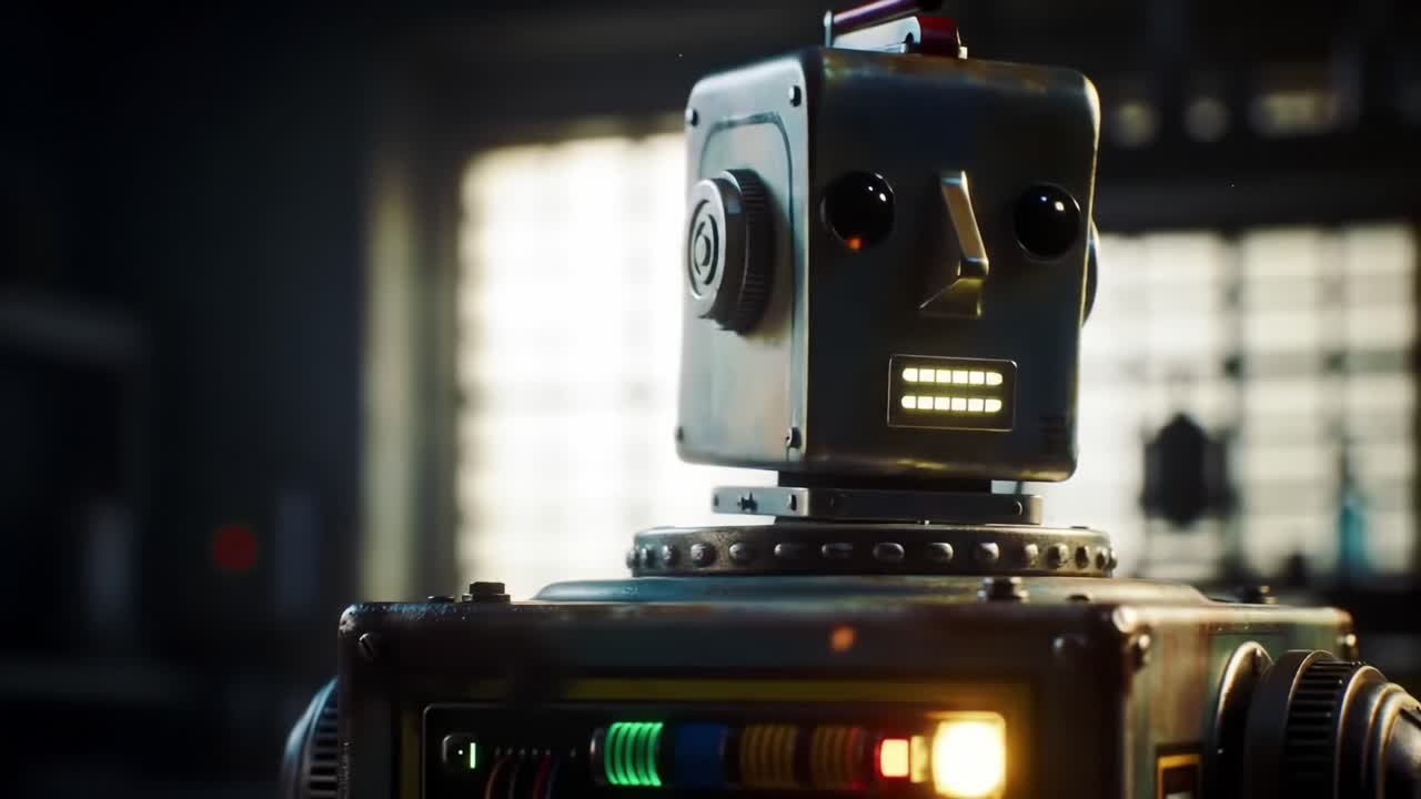 A Charming Retro Robot Character Captured in a Unique Lighting Setup, Showcasing Its Playful Design and Intricate Details in an Engaging Workshop Environment